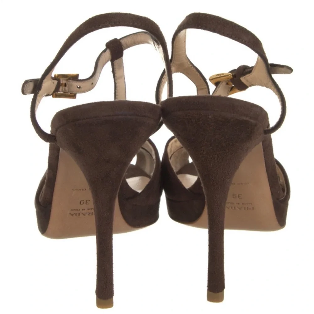 Prada Cutout Peep Open Toe Suede T-Strap Platform Stiletto Pump Heels Sandals - Picture 4 of 12